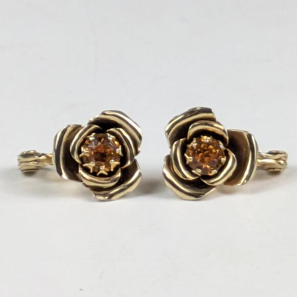 Vtg Clip-On Earrings Lewis Segal Signed Gold Tone Rose Amber Rhinestones Flower - Picture 1 of 6